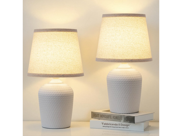 16 Small Table Lamps Set of 2 for Bedroom, Nightstand Lamp Beige & White Cute & Unique, Fabric Shade, Perfect for Desk Living Room Side Table...
