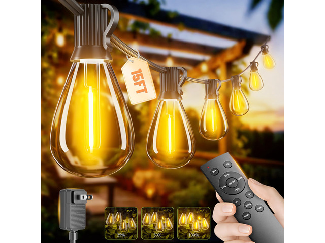 15FT Outdoor String Lights with Remote & Dimmable, 8+1 Shatterproof Waterproof Bulbs, Dimmable Outside Hanging Patio Lights for Backyard, Porch,...