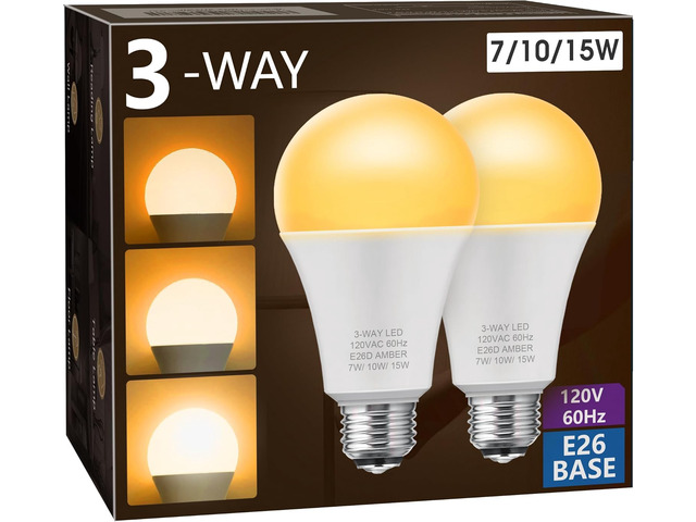 Amber Light Bulb 3 Way LED Light Bulbs 50 100 150W Equivalent A19 2 Pack, 1800K Amber Warm Bulbs, Perfect for Reading, Three Way A19 E26 Medium Base