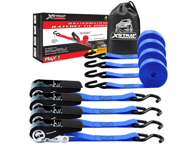 4-Pack Ratchet Tie Down Straps, 1' x 10FT Cargo Strap, Blue 900 Lbs Break Strength Securing Straps with S-Hook for UTV, ATV, Pickup,Truck, Moving...