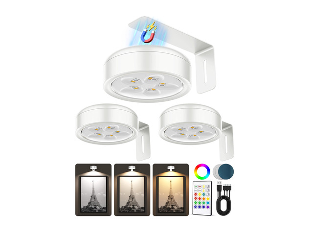 Picture Lights for Wall,Wireless 2000mAh Rechargeable Magnetic LED Puck Lights with Remote,3 Color Temps and 12 RGB,Dimming & Timer,Art Frame Light...