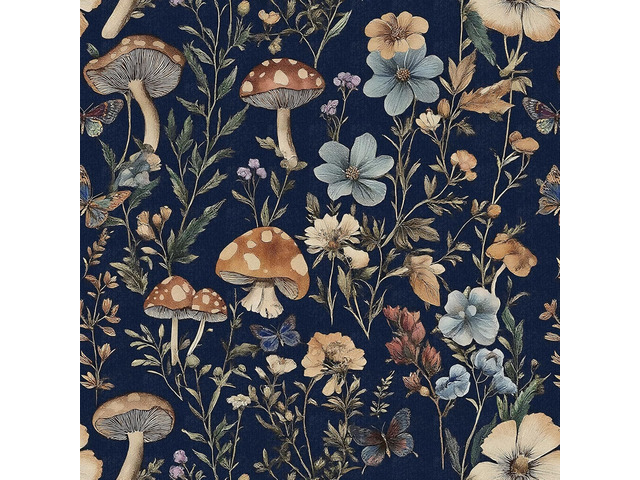 Dark Blue Mushroom Peel and Stick Wallpaper Floral Contact Paper 16.9' x 393.7' Navy Blue Floral Wallpaper Vintage Boho Wildflower Self Adhesive...