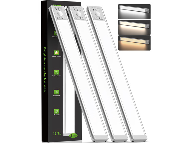 14.7inch Under Cabinet Lighting, Wireless Motion Sensor Light,3 Pack 3 Color Temps, Rechargeable, 2200mAh, Dimmable, Magnetic, LED Closet Light,...