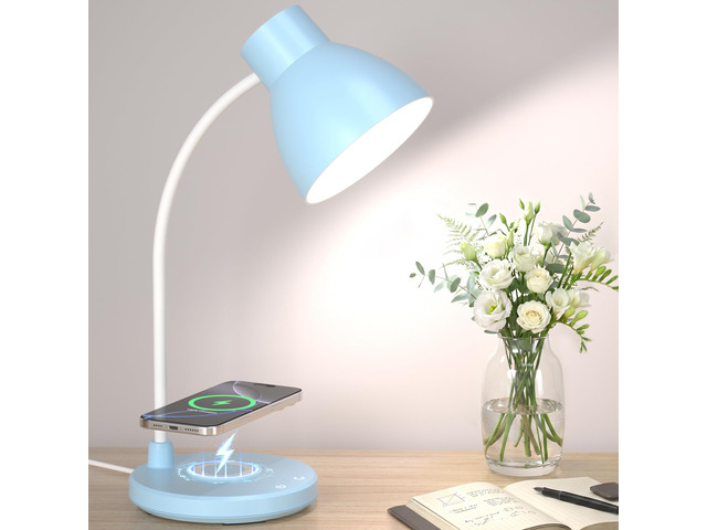 LED Desk Lamp for Home Office with Wireless Charger, Blue 3 Color Modes Dimmable Eye-Caring Study Reading Dorm Desk Lamp, 360° Flexible Arm Table...