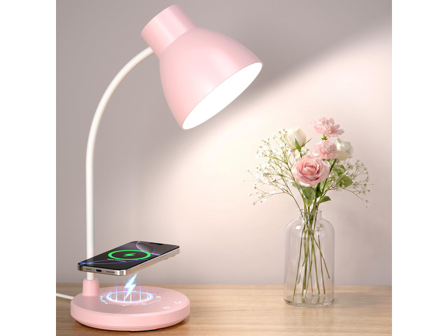 LED Desk Lamp for Home Office with Wireless Charger, Pink 3 Color Modes Dimmable Eye-Caring Study Reading Dorm Desk Lamp, 360° Flexible Arm Table...