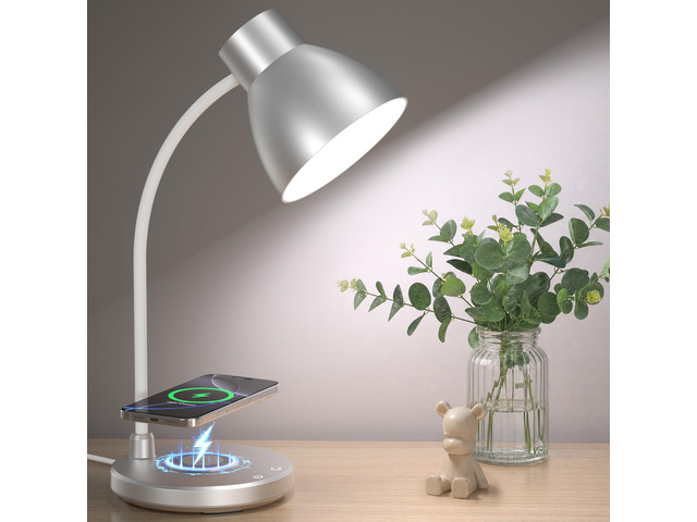 LED Desk Lamp for Home Office with Wireless Charger, Silver 3 Color Modes Dimmable Eye-Caring Study Reading Dorm Desk Lamp, 360° Flexible Arm Table...