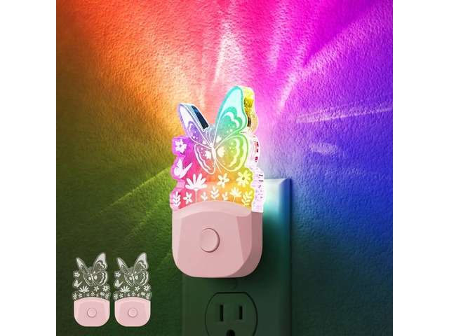 Night Lights Plug into Wall [2 Pack],Butterfly Night Light 8-Color RGB,Dusk-to-Dawn Sensor,Rainbow LED NightLight for Bathroom Cute Room Decor Boys...