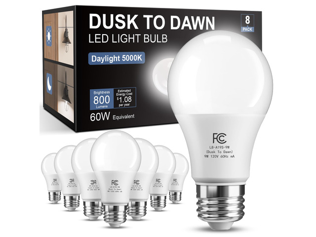 Dusk to Dawn Light Bulb Outdoor, Light Sensor, Automatic On/Off, 5000K Photocell A19 LED Bulb for Outdoor Porch Lighting, 60W Equivalent, Energy...
