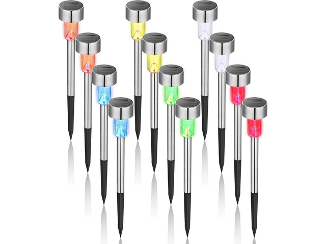 Solar Garden Lights Outdoor, 12 Pack 6-Color, IP65 Waterproof Decorative Pathway Lights, Stainless Steel LED Landscape Lighting for Yard, Lawn,...