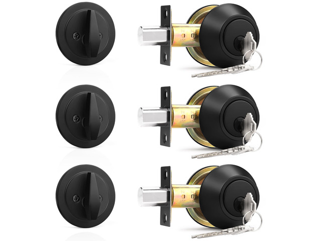Keyed Alike Single Cylinder Deadbolts Flat Black, Keyway Keys Handleset, 3 Keys Interior& Exterior Door Hardware for Entrance Lock and Front Gate,...