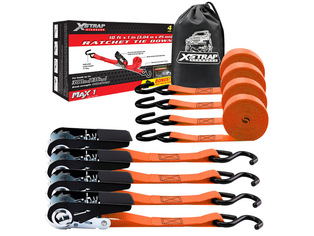 4-PK Ratchet Tie Down Straps, 1' x 10ft Cargo Strap, Orange 900 Lbs Break Strength Securing Straps with S-Hook for UTV, ATV, Pickup,Truck, Moving...