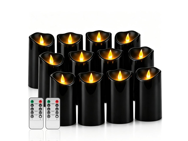 Flameless Candles 3'D X 6'H Set of 12 Outdoor Indoor Ivory Pillars Battery Operated Flickering Candles Include 8-Key Remote Timer Function, Black...