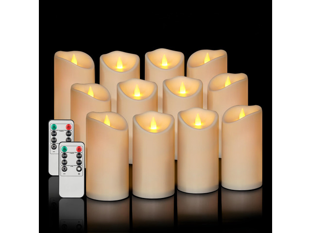 Flameless Candles 3'D X 6'H Set of 12 Outdoor Indoor Ivory Pillars Battery Operated Flickering Candles Include 8-Key Remote Timer Function, Ivory...
