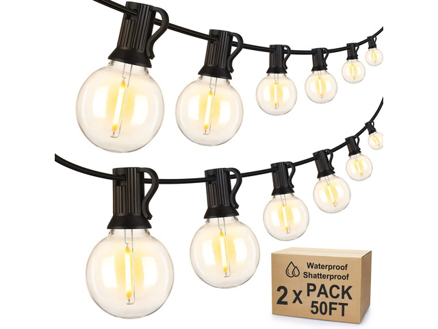 100Ft(2x50Ft) Outdoor String Lights, G40 Globe Patio Lights with 50+4 Waterproof Hanging LED Bulbs for Balcony Gazebo Deck Tents-Black Wire