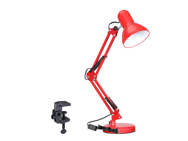 Metal Desk Lamp, Adjustable Swing Arm, E26, Red Architect Gooseneck Multi-Joint Clip Table Lamp with Plastic Clamp, for Home Office, Work, Study,...