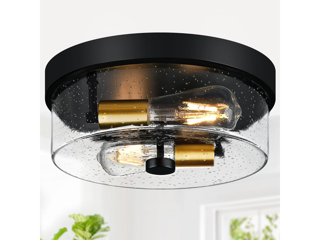 Flush Mount Ceiling Light Fixtures, 2-Light Black and Gold Ceiling Mount for Farmhouse with Seeded Glass Lampshade, Industrial Flush Mount Light...