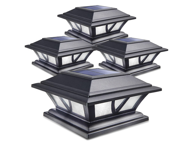 Solar Post Lights Outdoor 2 Modes LED, 4 Pack Black (Warm/White) Solar Post Cap Lights, Solar-Powered Waterproof Deck Fence Lights for 4x4 5x5 &...
