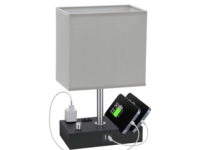 Grey Table Lamp for Bedroom - Stepless Dimmable, USB C+A, 2 AC Outlets Dimming By Rotary Knob, USB C+A Ports, 2 Phone Stands, LED Bulbs Included,...