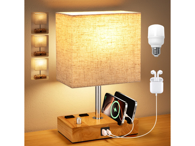 Wood Grain Table Lamp for Bedroom, Stepless Dimmable, USB C+A, 2 AC Outlets Dimming By Rotary Knob, USB C+A Ports, 2 Phone Stands, LED Bulbs...