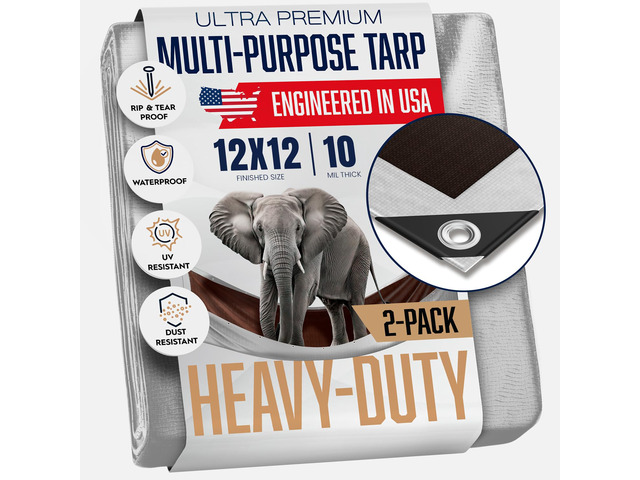 (2 Pack) 12x12 Heavy Duty Tarp, 10 Mil Thick, Waterproof, Tear & Fade Resistant, High Durability, UV Treated, Grommets Every 18 Inches....