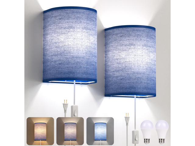 Plug in Wall Sconces Set of Two Wall Lights with On/Off Switch Stepless Color Temperature Wall Lamps with Fabric Linen Shade for Bedroom Living...