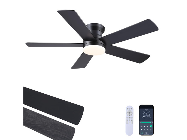 Ceiling Fans with Lights - 48' Black Flush Mount Ceiling Fan Light with 6 Speeds 3CCT Dimmable, Revesible Motor, Low Profile Fan Light for Modern...