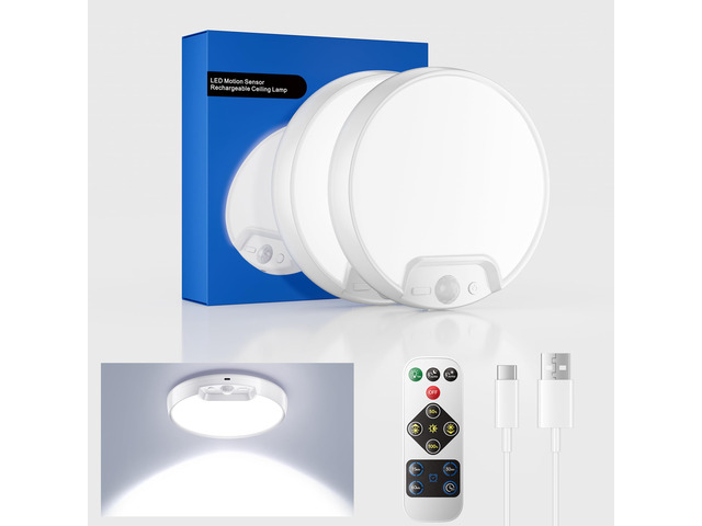 2 Pack Newly Upgraded 8000mAh Rechargeable Ceiling Light Motion Sensor, Battery-Operated Wireless Ceiling Light with Remote for Shower, Bathroom,...