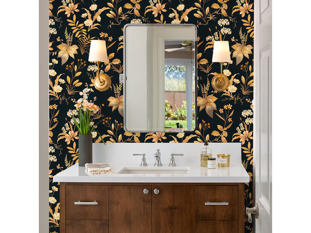 Vintage Floral Peel and Stick Wallpaper 17.3' x 480' Black Gold Botanical Contact Paper, Removable Wall Paper, Renter Friendly, for Cabinets,...