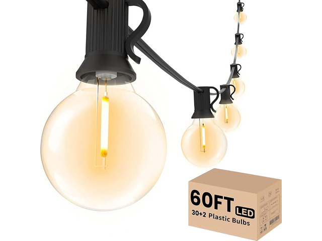 Outdoor String Lights LED 60 FT G40 Patio Globe Light Waterproof 32 Shatterproof G40 Edison Bulbs, Plug-In, Dimmable, Connectable, Outside Light...
