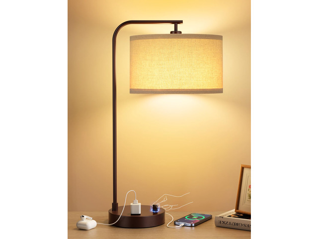 20.7' Tall Table Lamp with USB & Outlet, Fully Dimmable Nightstand Lamp Linen Lampshade, USB Port and Outlet, Brown Desk Lamp for Bedside, Living...