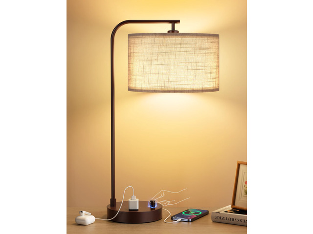 20.7' Tall Table Lamp with USB & Outlet, Fully Dimmable Nightstand Lamp Linen Lampshade, USB Port and Outlet, Brown Desk Lamp for Bedside, Living...