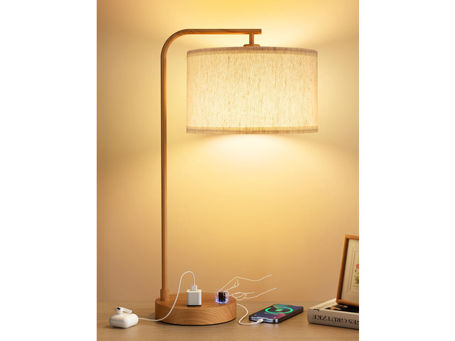 20.7' Tall Table Lamp with USB & Outlet, Fully Dimmable Nightstand Lamp Linen Lampshade, USB Port and Outlet, Wood Paint Desk Lamp for Bedside,...