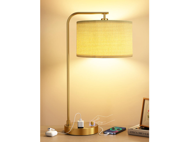 20.7' Gold Table Lamp with USB & Outlet, Fully Dimmable Nightstand Lamp Linen Lampshade, USB Port and Outlet, Gold Desk Lamp for Bedside, Living...