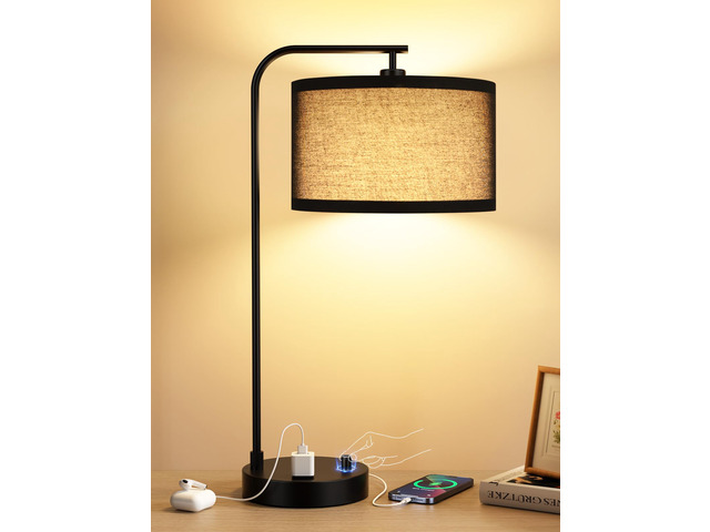 20.7' Tall Table Lamp with USB & Outlet, Fully Dimmable Nightstand Lamp Linen Lampshade, USB Port and Outlet, Black Desk Lamp for Bedside, Living...