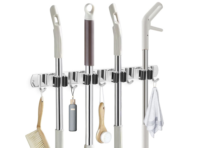 Broom Holder Wall Mount Stainless Steel Mop Organizer 4 Racks 5 Hooks Heavy Duty Garage Organization Storage,Broom and Mop Organizer Wall Hanging...