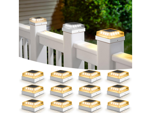 Solar Post Cap Lights for 4x4 Wood/Vinyl Fence Posts, 12-Pack 4x4 Post Solar Lights, IP65 Waterproof, 10-12 Hours of Illumination with 3 Lighting...