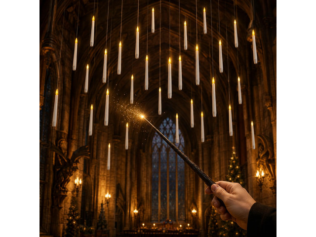 24 Pack Hanging Flameless Taper Candles with 2 Magic Wand Remotes, Battery Operated LED Floating Candles for Ceiling, Halloween Christmas Indoor Decor