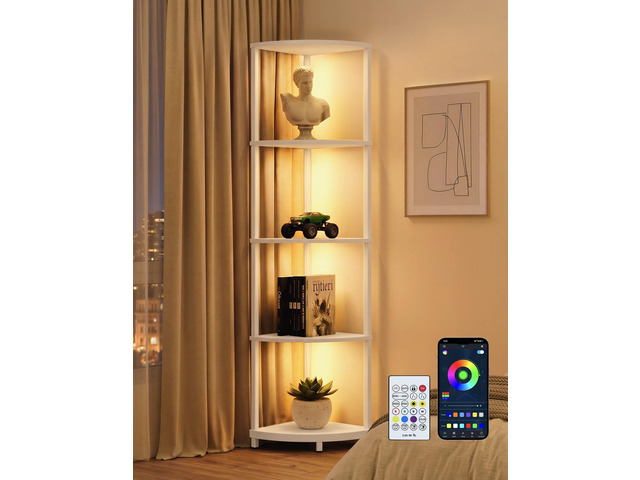Corner Shelf with LED Light, 5 Tier Smart Color Changing Floor Lamp with Remote, 62' Display Shelf Bookshelf Narrow Storage Rack Standing Lamp for...