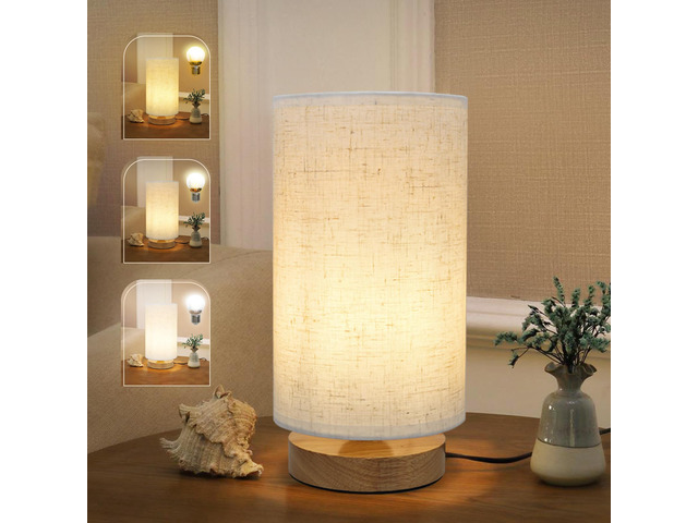 Minimalist Dimmable Nightstand Lamp with Round Fabric Linen Shade, 3 Color Temperatures, Desk & Bedside Lamp for Study, Living Room, Bedroom,...