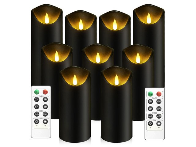 Flickering Flameless Candles, Battery Operated Plastic LED Pillar Candles with Remote Control and Timer, Set of 9 (Black)