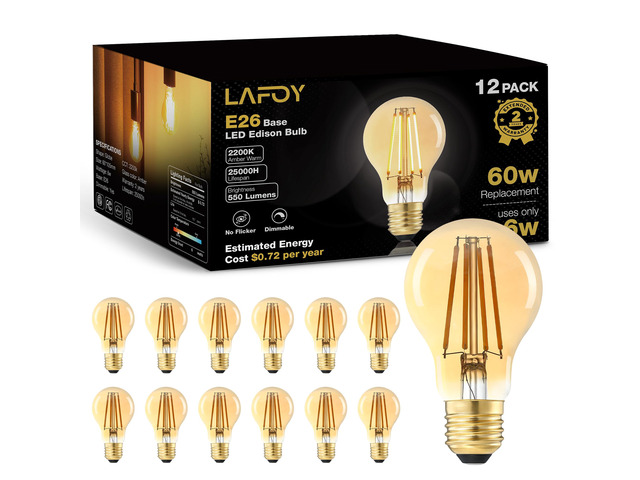 12 Pack A19 Amber Edison Bulbs, Dimmable E26 LED 60 Watt Equivalent 2200K soft warm vintage light for whole-house fixtures. Antique old-fashioned...