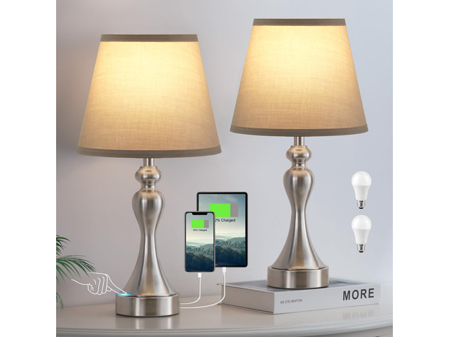 Touch Lamps for Nightstand, 3 Way Dimmable Bedside Lamps with USB C+A Ports Touch Control, LED Bulb Included, Small Silver Table Lamp for Bedroom,...