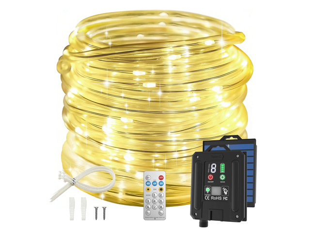 Solar Rope Lights, 66FT 200LED Outdoor Christmas Fairy Light (Warm White) Type C & Solar, With Remote, Waterproof, Timing, 8 Modes, for for Garden...