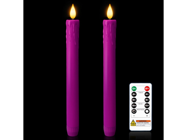 9.6 Inches Real Wax Purple Flameless Taper Candles with Remote Timer, 2 Pcs LED Fake Candlesticks, Battery Candle with 3D Flickering Flame for...
