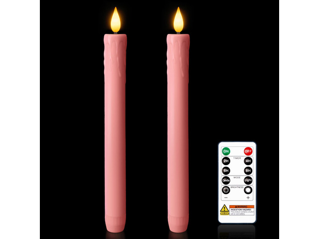 9.6 Inches Real Wax Pink Flameless Taper Candles with Remote Timer, 2 Pcs LED Fake Candlesticks, Battery Candle with 3D Flickering Flame for...