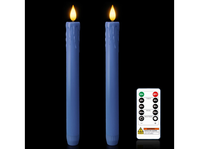 9.6 Inches Real Wax Blue Flameless Taper Candles with Remote Timer, 2 Pcs LED Fake Candlesticks, Battery Candle with 3D Flickering Flame for...