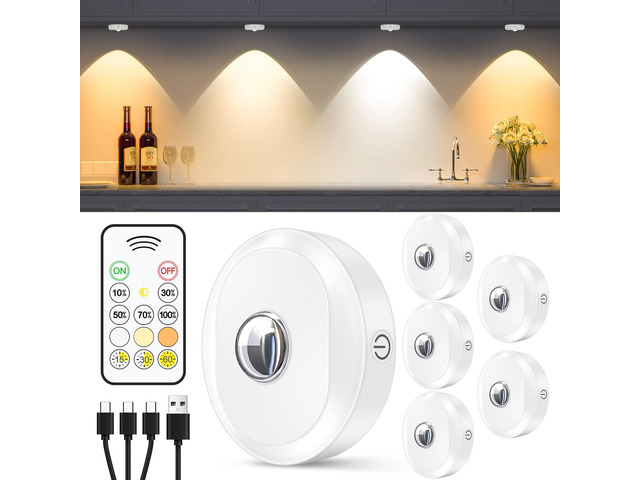 Rechargeable Puck Lights with Remote Control, 3 Color Temperatures and Timing Function, Dimmable Tap Light, Stick on Under Cabinet Lights, LED Puck...