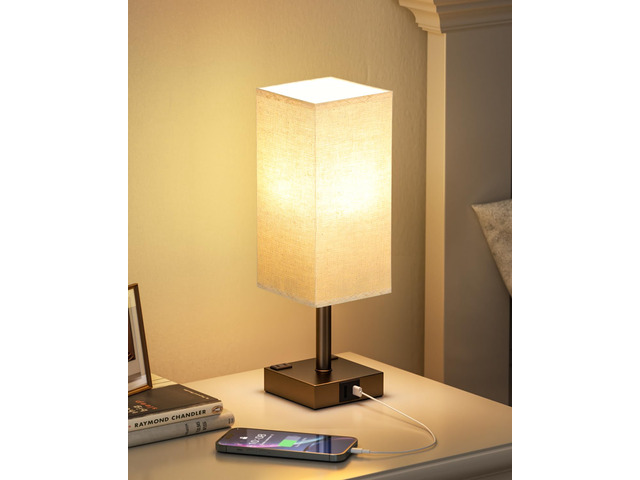 Brown Touch Table Lamp for Bedroom - Dimmable, USB C+A, 2 AC Outlets 3-Way Dimming, 3000K Bulb Included, Square Brown Lampshade and Black Base,...