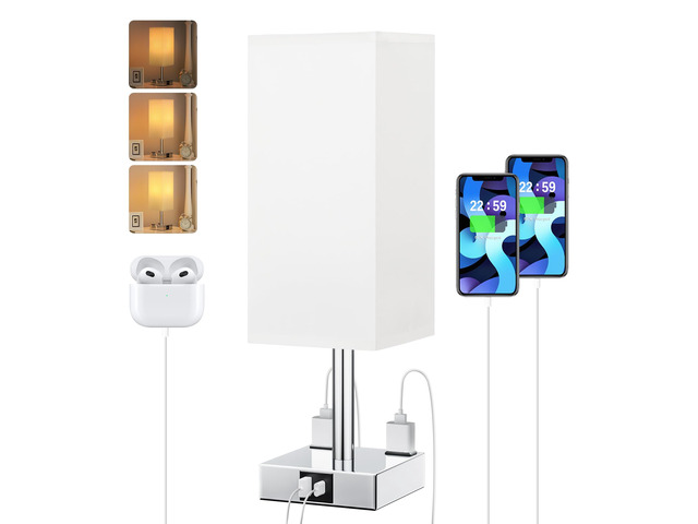 White Touch Table Lamp for Bedroom - Dimmable, USB C+A, 2 AC Outlets 3-Way Dimming, 3000K Bulb Included, Square White Lampshade and Silver Base,...