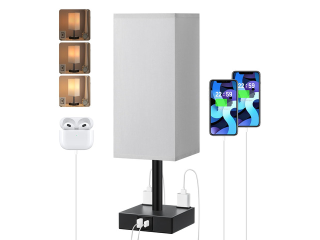 Grey Touch Table Lamp for Bedroom - Dimmable, USB C+A, 2 AC Outlets 3-Way Dimming, 3000K Bulb Included, Square Grey Lampshade and Black Base, Desk...